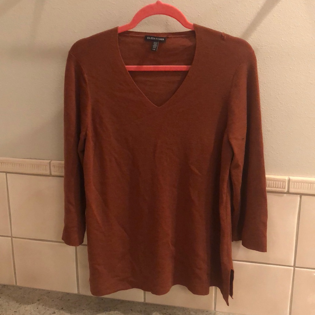 New Eileen Fisher 100% Merino Wool Italian Yarn Knit V-Neck Relaxed Sweater Top